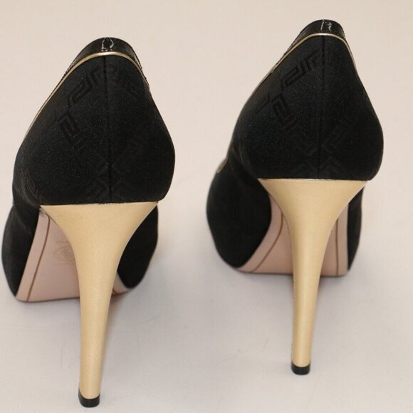 Versace Black/Gold Peep Toe Pumps Size 37.5/US 7.5 - Picture 3 of 10